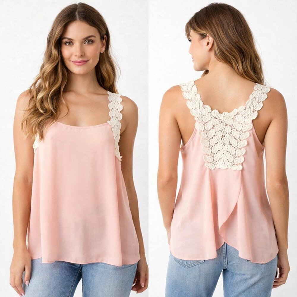 Tea N Rose Peach Chiffon Tank Top Lace Crochet Back Womens Small Feminine
